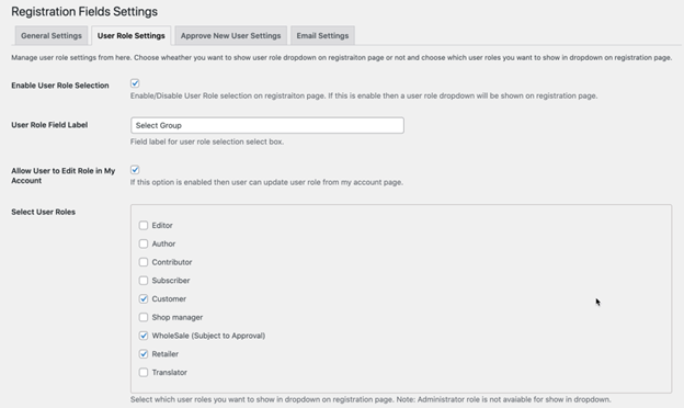 Registration Fields Settings