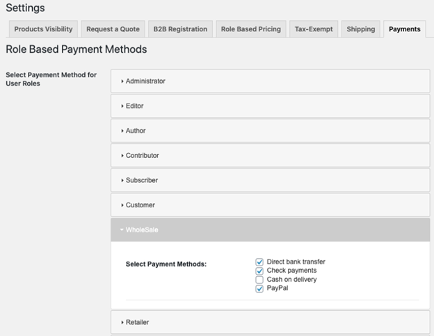 Role based Payment methods