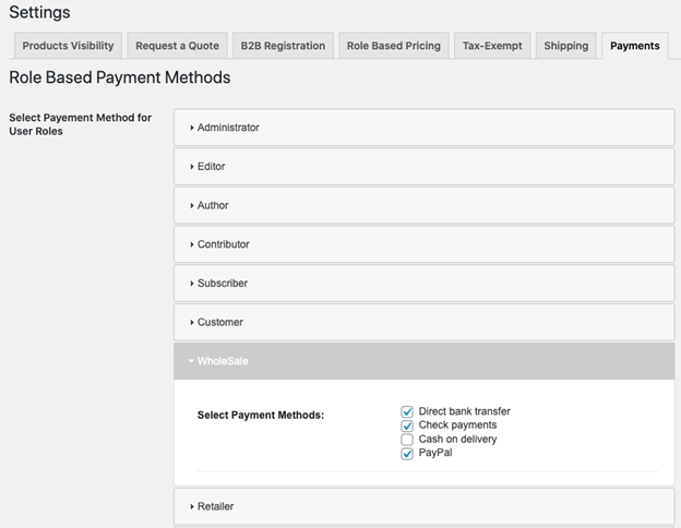 Setting role based payment methods