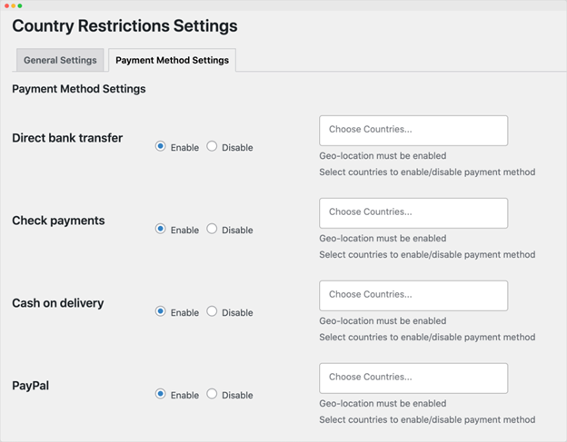 Country Restrictions Settings