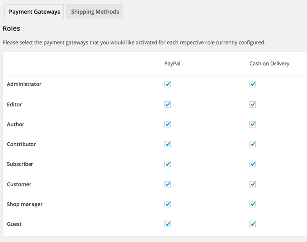 Payment gateway Shipping settings
