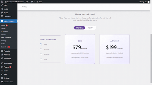 Pricing tab
