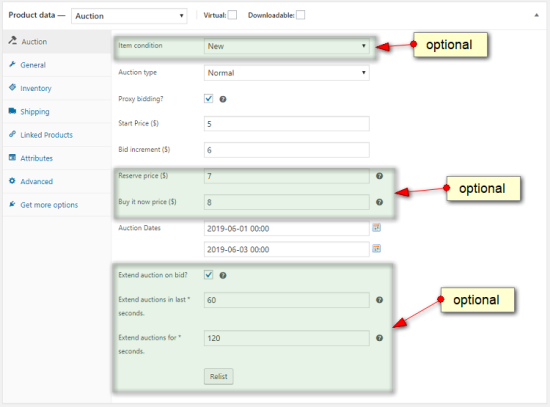 Product data Auction item condition