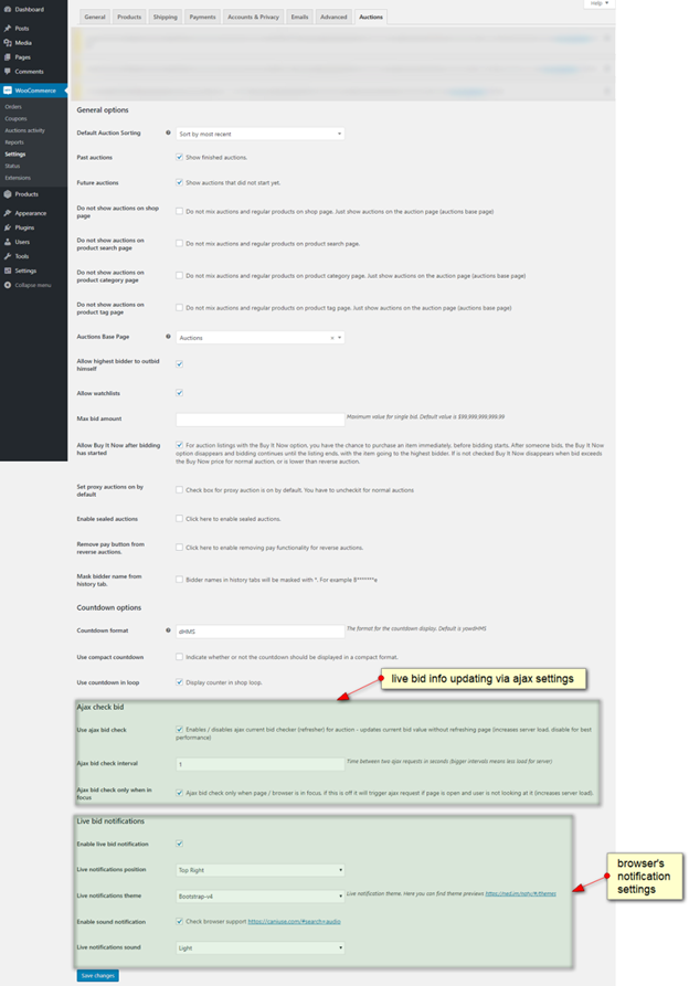 Settings auction plugin