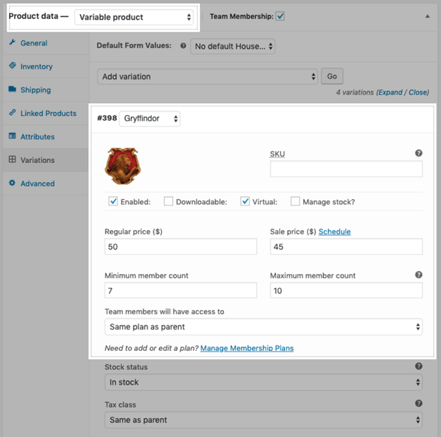 product data on variable product
