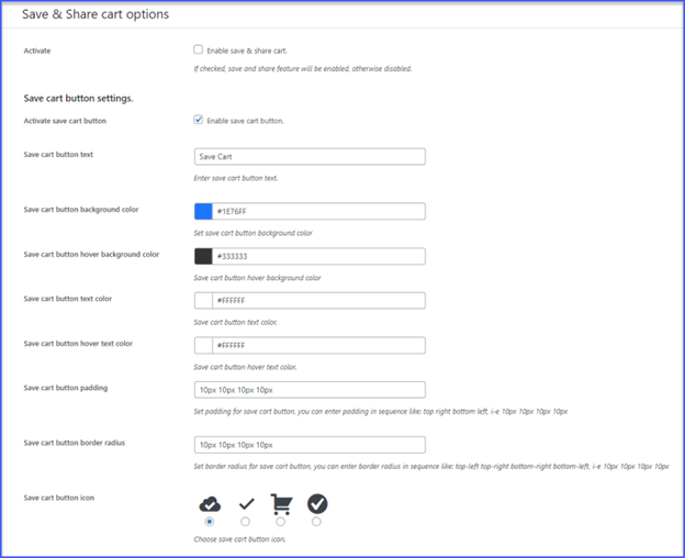 Save and share cart options