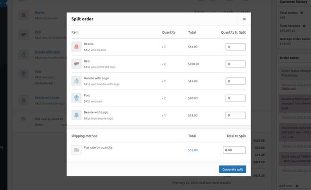 Split order plugin