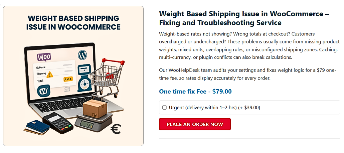 Fixing Weight Based Shipping Issue/></a></p>
<p>This section will walk you through the entire process of locating and resolving common problems. We’ll also teach you how to maintain good shipment in the future.</p>
<p><strong>Step-by-Step Troubleshooting Checklist</strong></p>
<p>Start by checking the most basic parts of your shipping setup. Many errors come from small settings that are easy to miss.</p>
<p>What you should investigate is as follows:</p>
<ol>
<li><strong> Check That Product Weights Are Set</strong></li>
</ol>
<p>WooCommerce needs product weights to calculate shipping. If the weight is missing or set to zero, the method won’t trigger.</p>
<ul>
<li>Go to <strong>Products > All Products</strong></li>
<li>Edit a product</li>
<li>Scroll to the <strong>Shipping tab</strong></li>
<li>Make sure a correct weight is entered (e.g., 1.5 lb)</li>
</ul>
<p>Repeat this step for all products you ship using weight-based rules.</p>
<ol start=